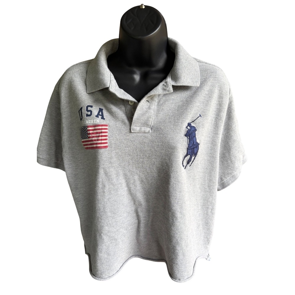 Polo Ralph Lauren Mens XL Custom Fit Big Pony USA Flag Polo Shirt Gray Cropped